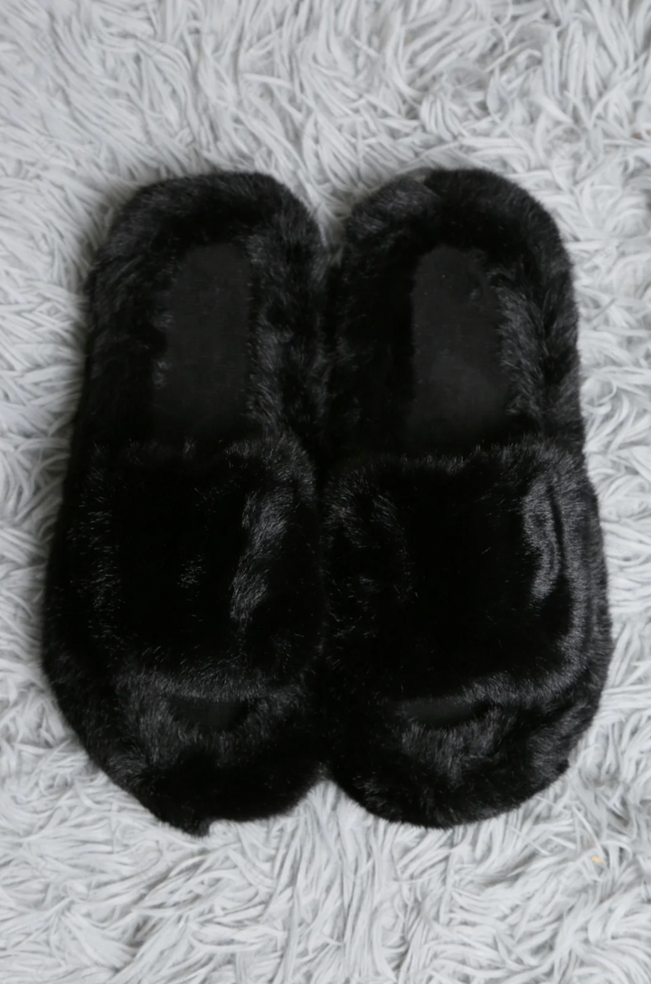 Faux Fur Slippers in Black - Jasmine Trading