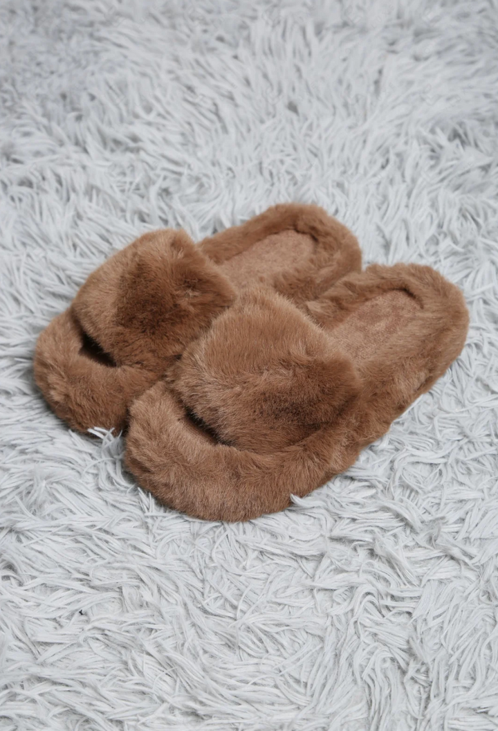 Faux Fur Slippers in Taupe - Jasmine Trading