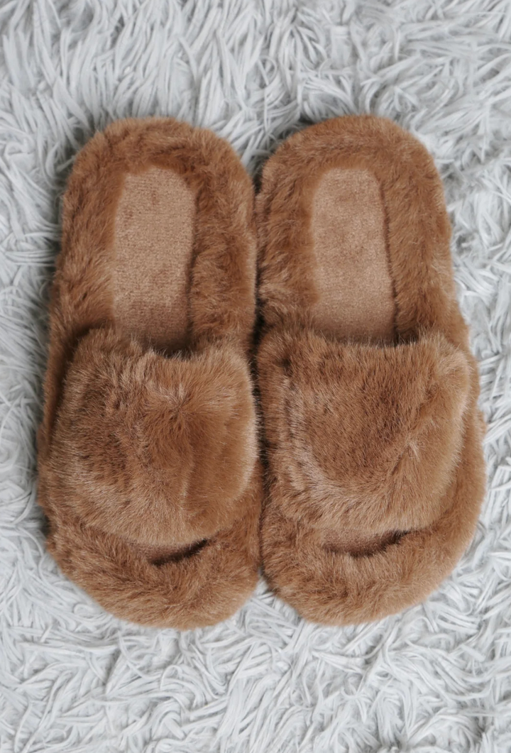 Faux Fur Slippers in Taupe - Jasmine Trading