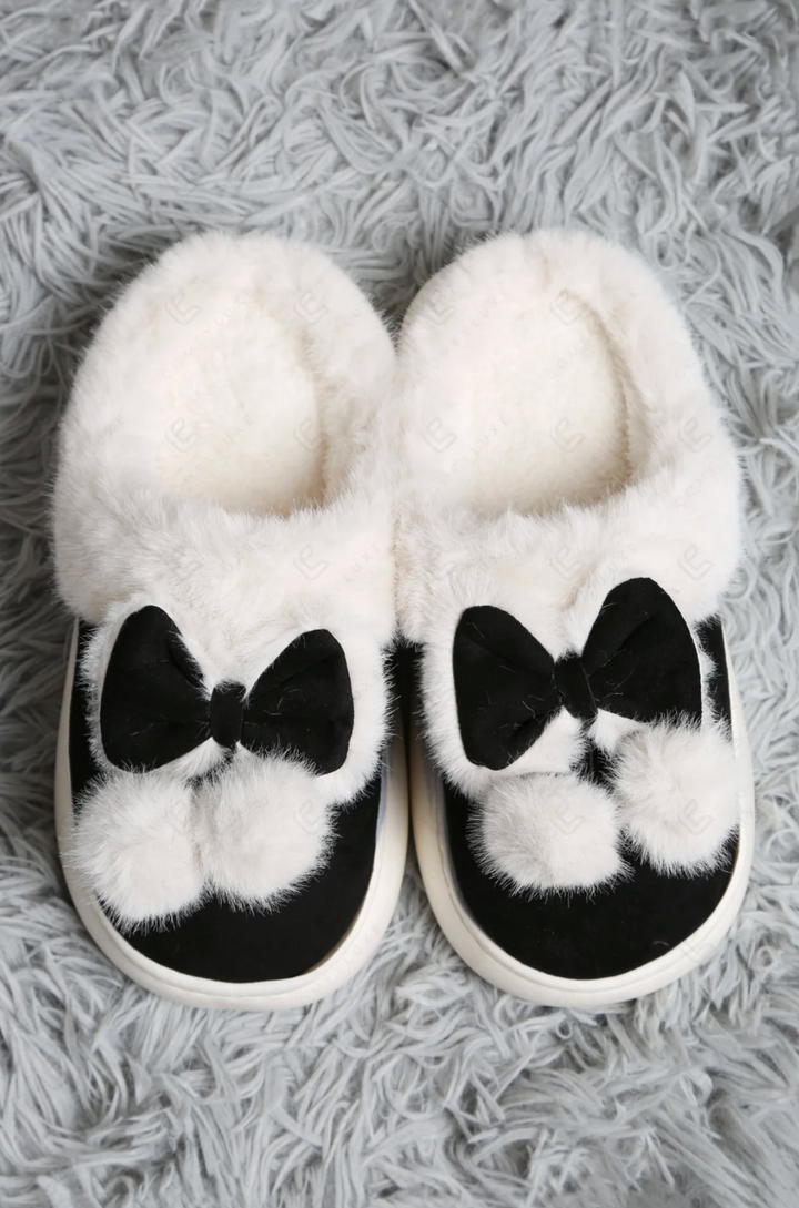 Bow &amp; Pom Pom Slippers in Black - Jasmine Trading