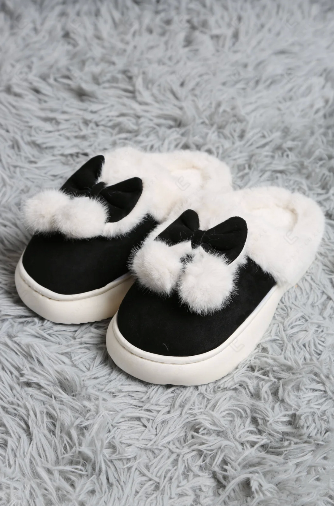 Bow &amp; Pom Pom Slippers in Black - Jasmine Trading
