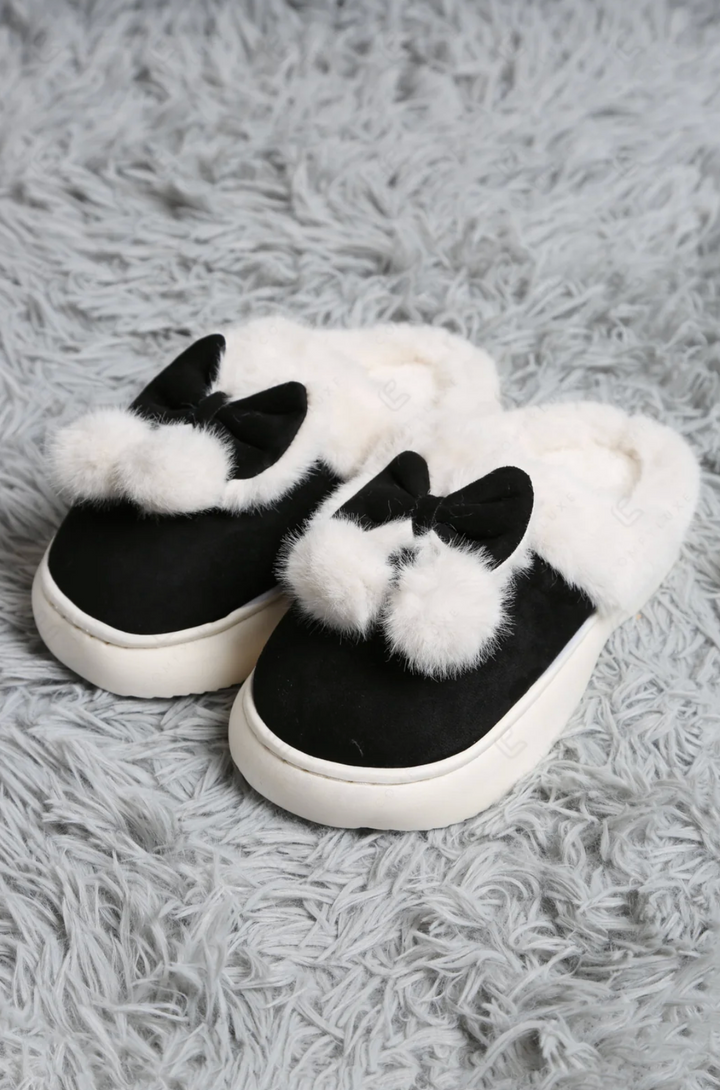 Bow &amp; Pom Pom Slippers in Black - Jasmine Trading