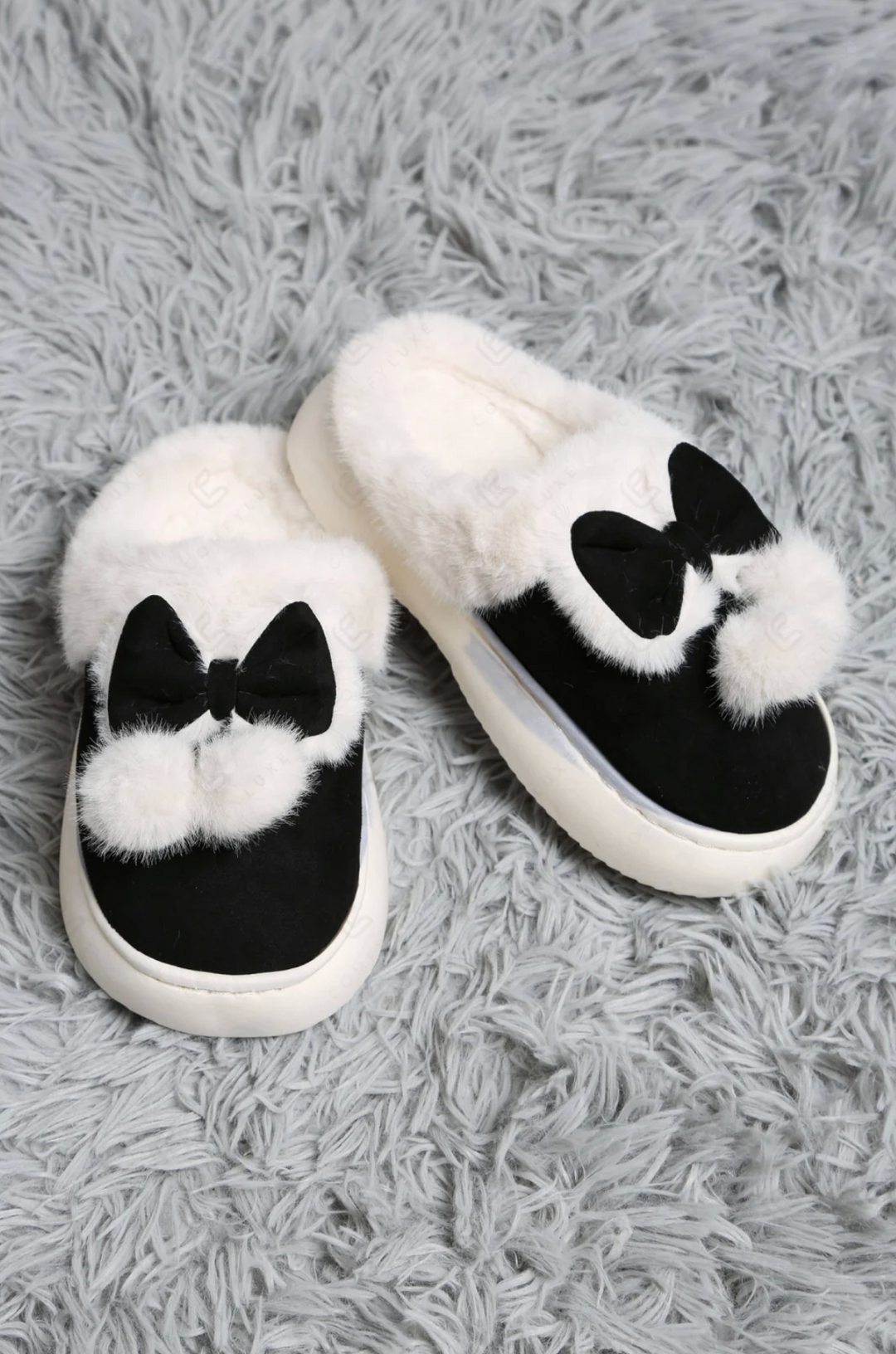 Bow &amp; Pom Pom Slippers in Black - Jasmine Trading