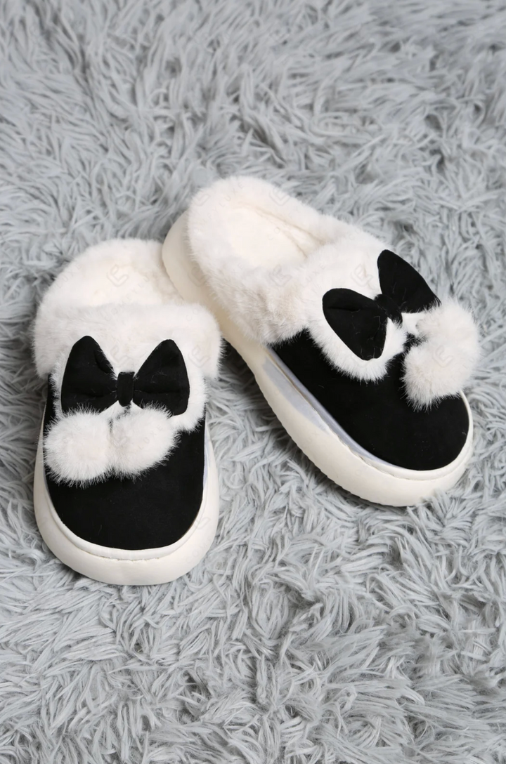 Bow &amp; Pom Pom Slippers in Black - Jasmine Trading