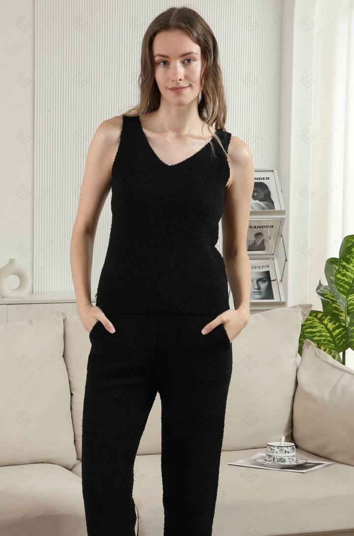Plush V-Neck Tank in Black - Jasmine Trading