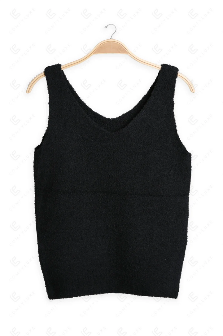 Plush V-Neck Tank in Black - Jasmine Trading