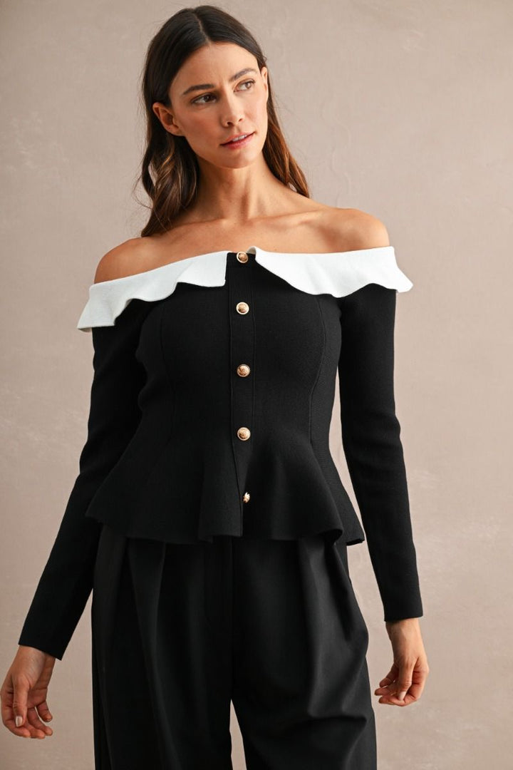 Margaux Contrast Collar Peplum Top