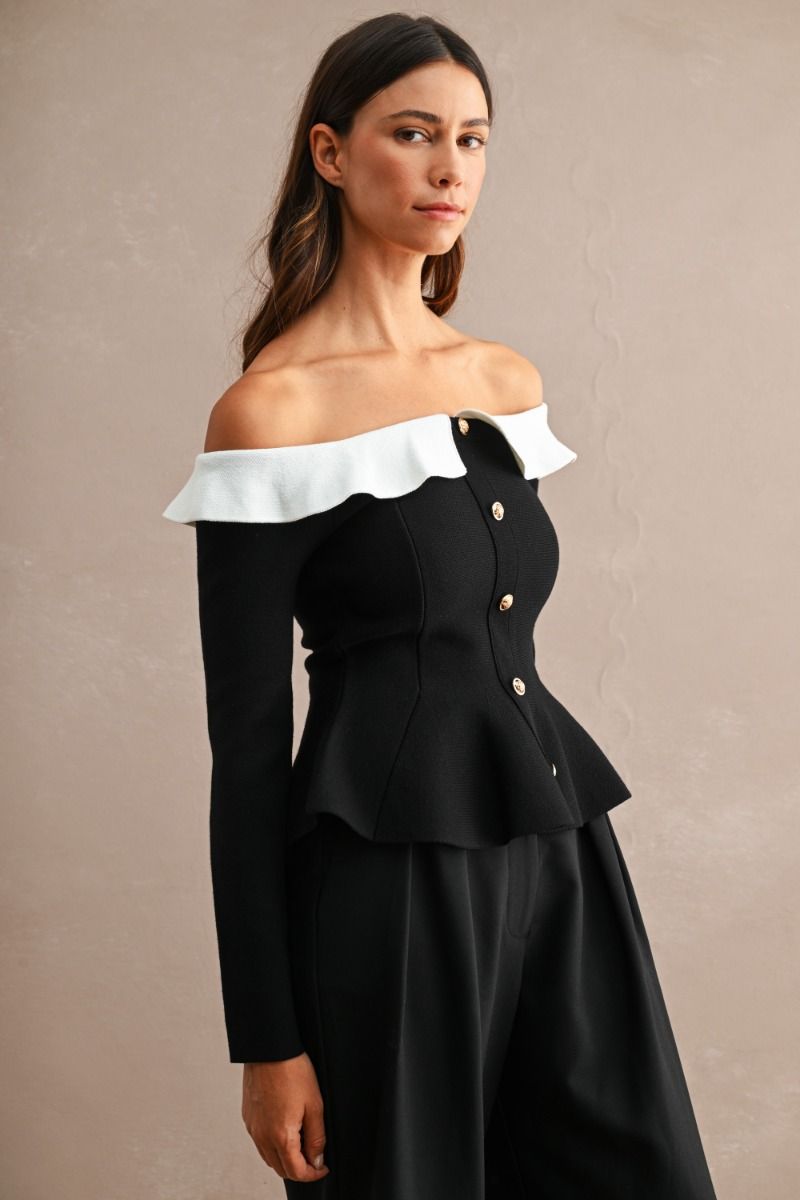 Margaux Contrast Collar Peplum Top