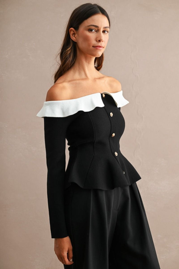 Margaux Contrast Collar Peplum Top