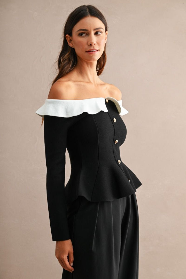 Margaux Contrast Collar Peplum Top