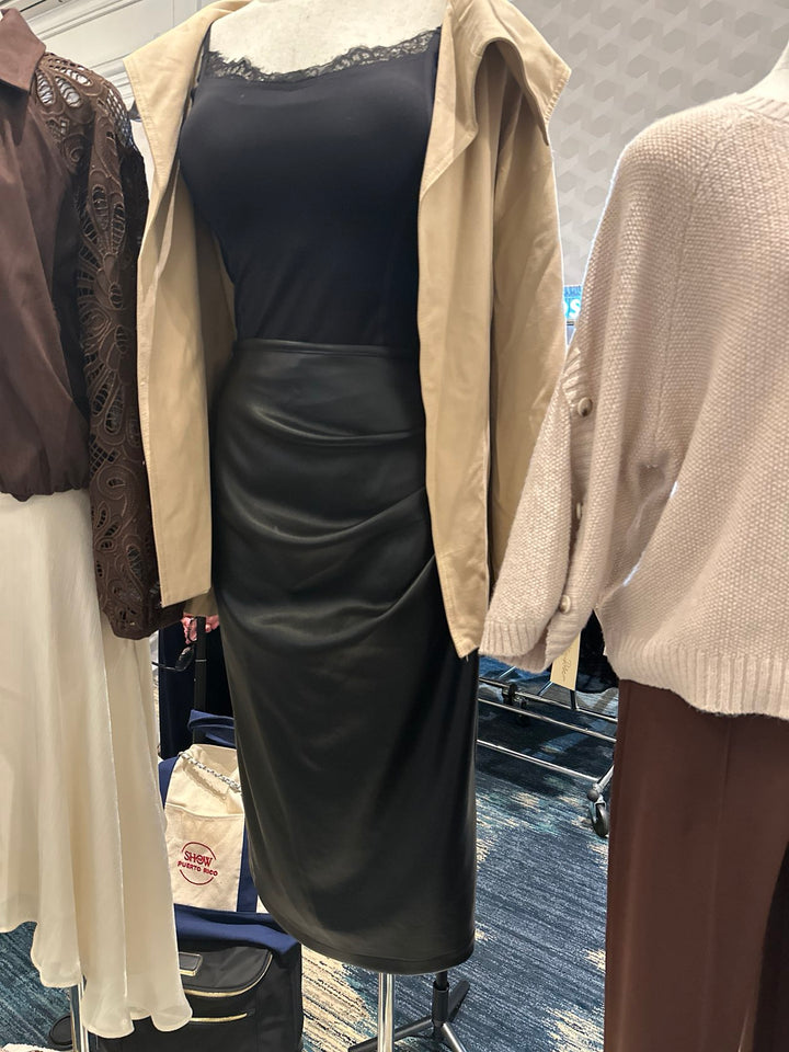 Ruched Faux Leather Midi Skirt