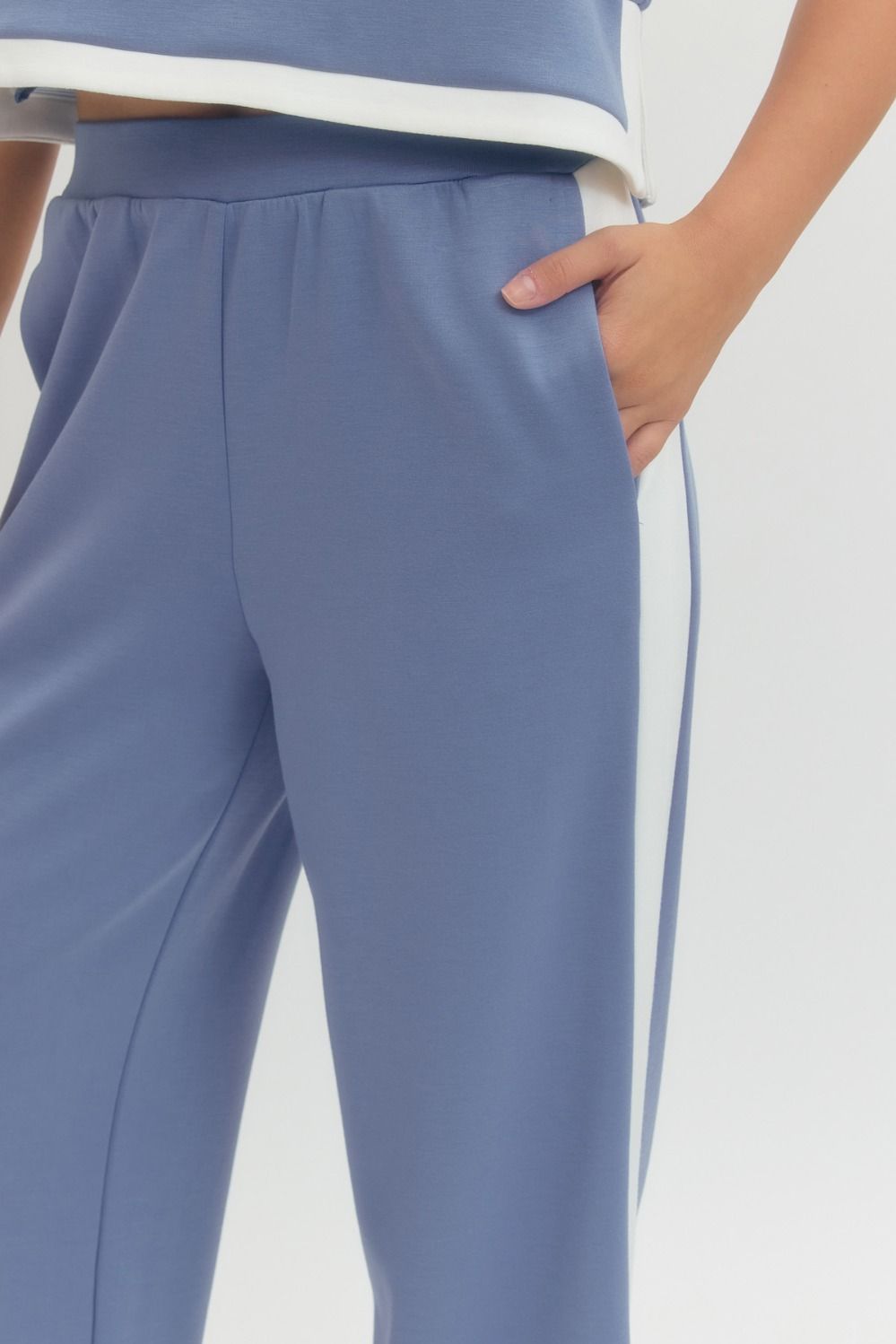 Blue pants with a white stripe on a light gray background