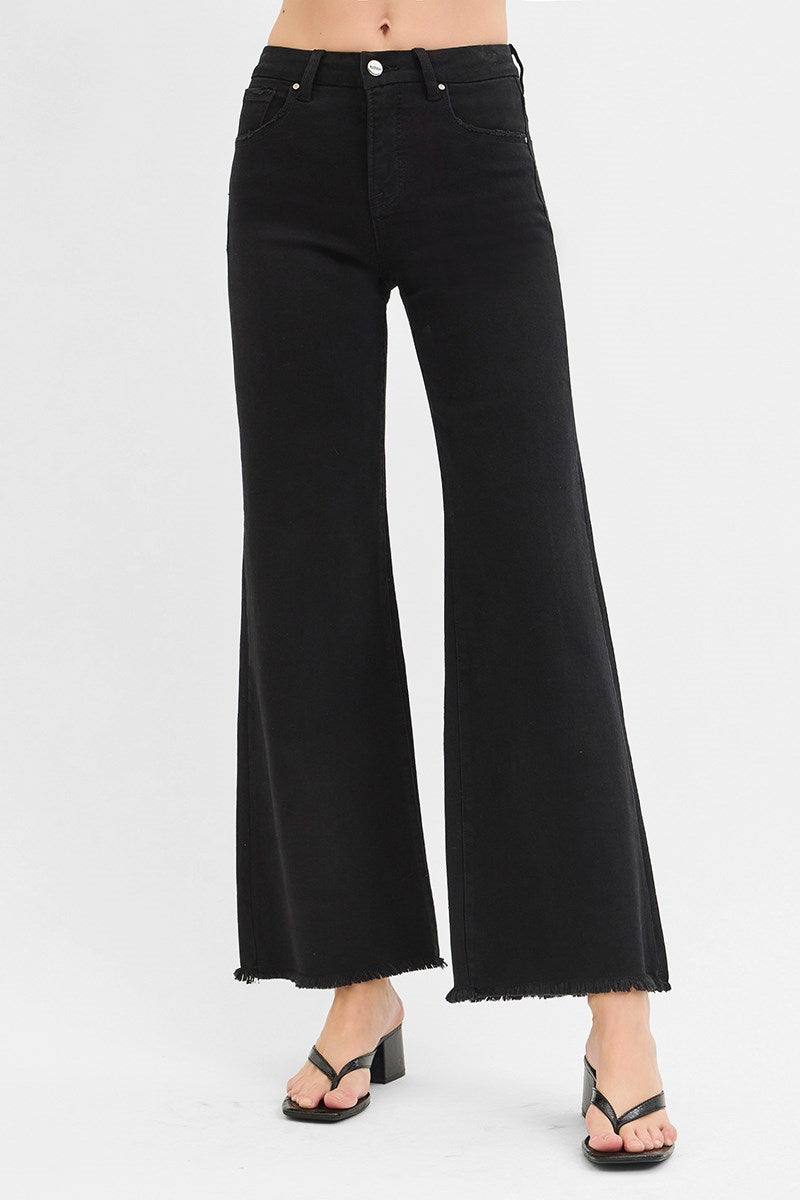 Black wide-leg jeans on a white background