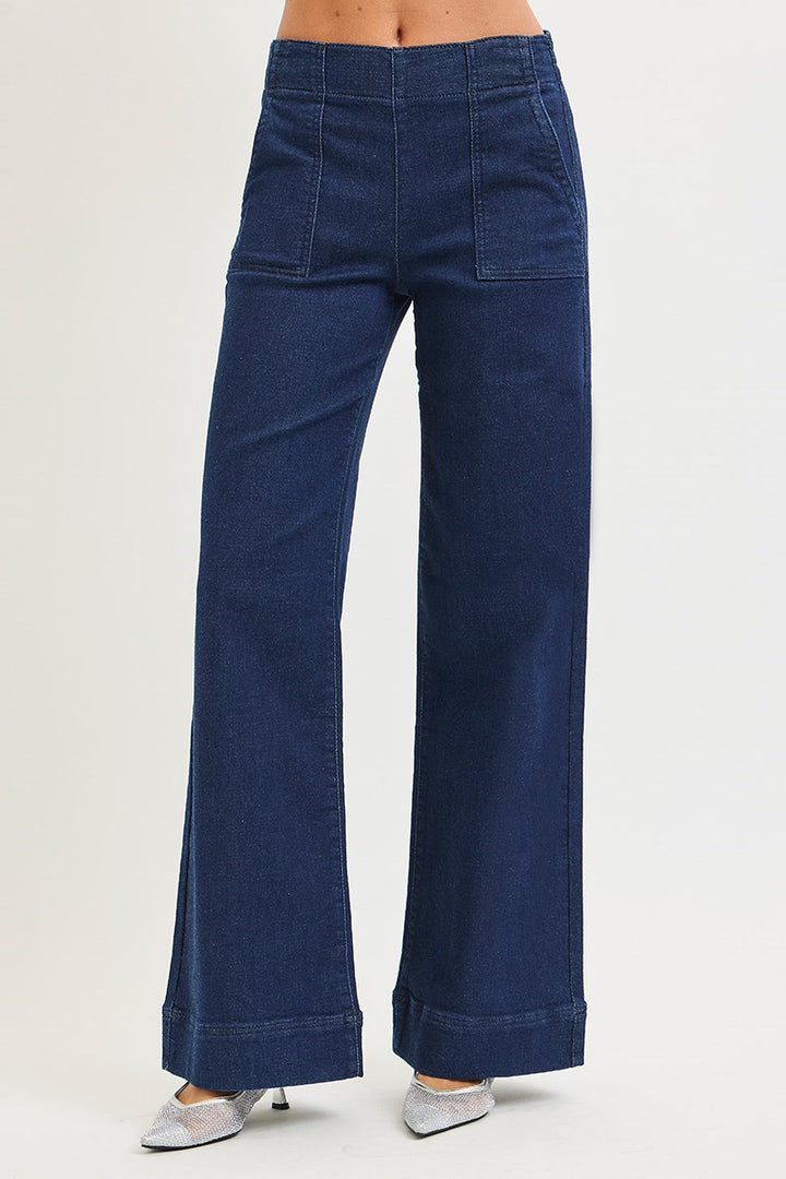 Blue denim wide-leg pants on a white background