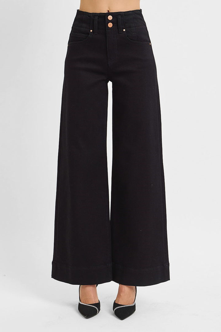 Black wide-leg jeans on a white background