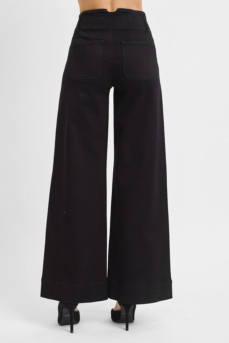 Black wide-leg pants on a white background