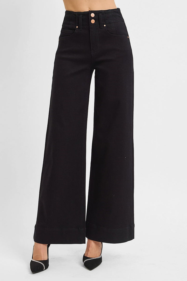 Black wide-leg jeans on a white background
