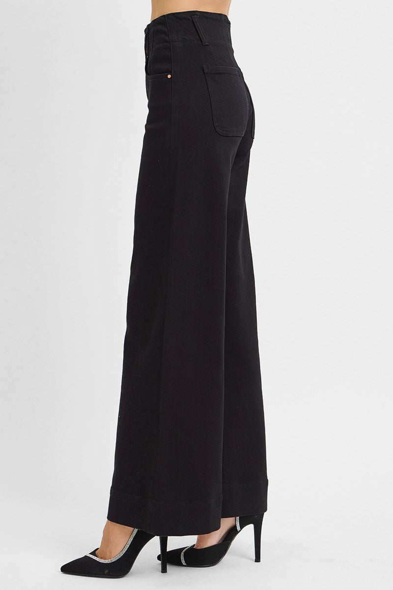Black wide-leg pants on a white background