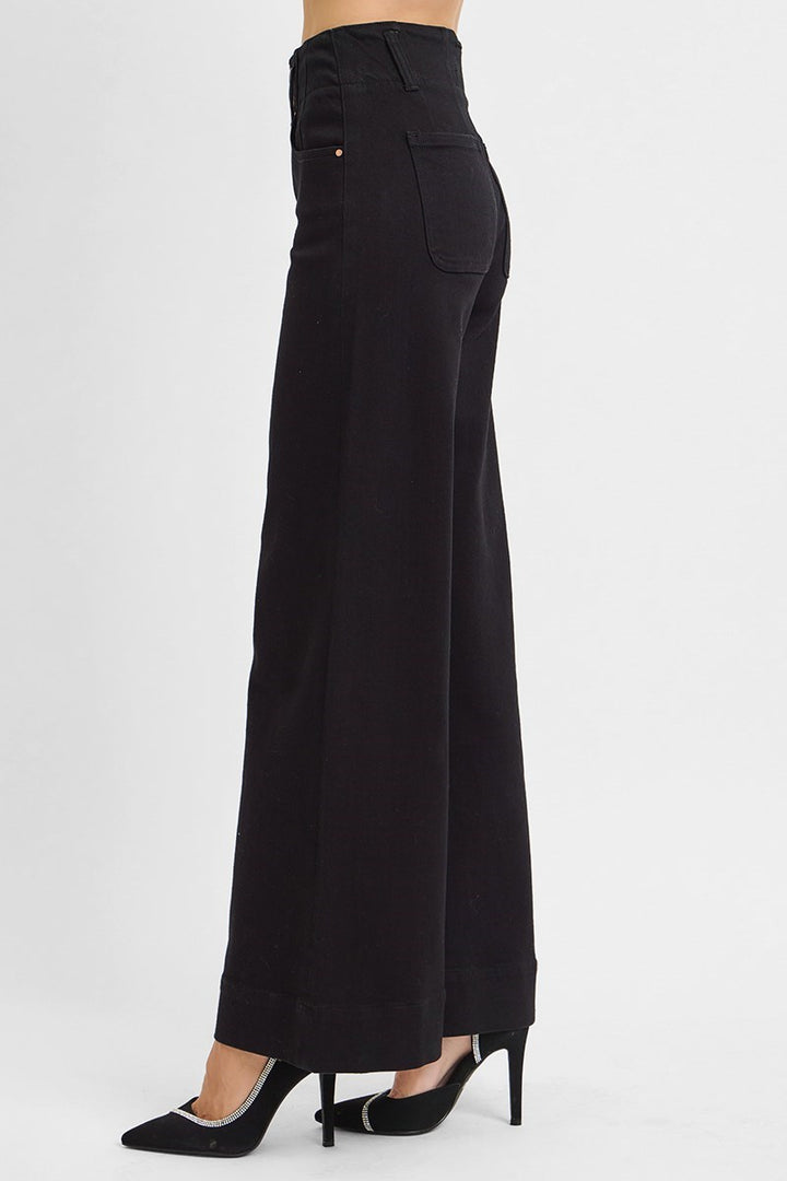 Black wide-leg pants on a white background