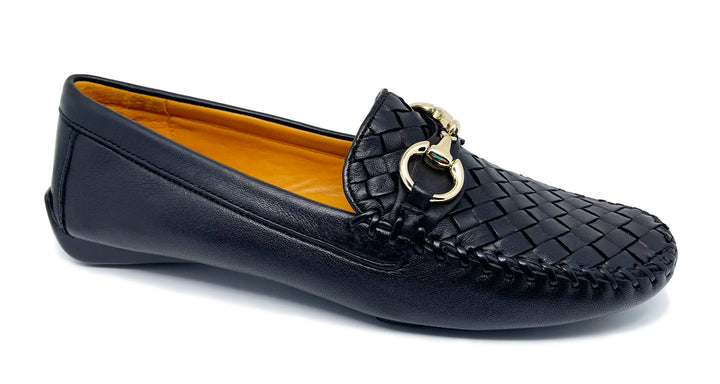 Black woven loafer with gold decorative ring on a white background