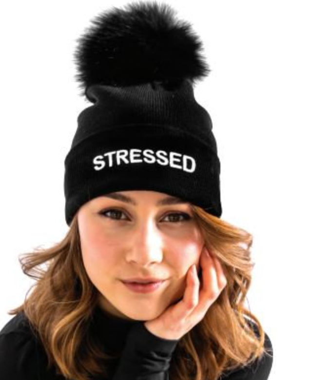Stressed Pom Pom Hat, Black