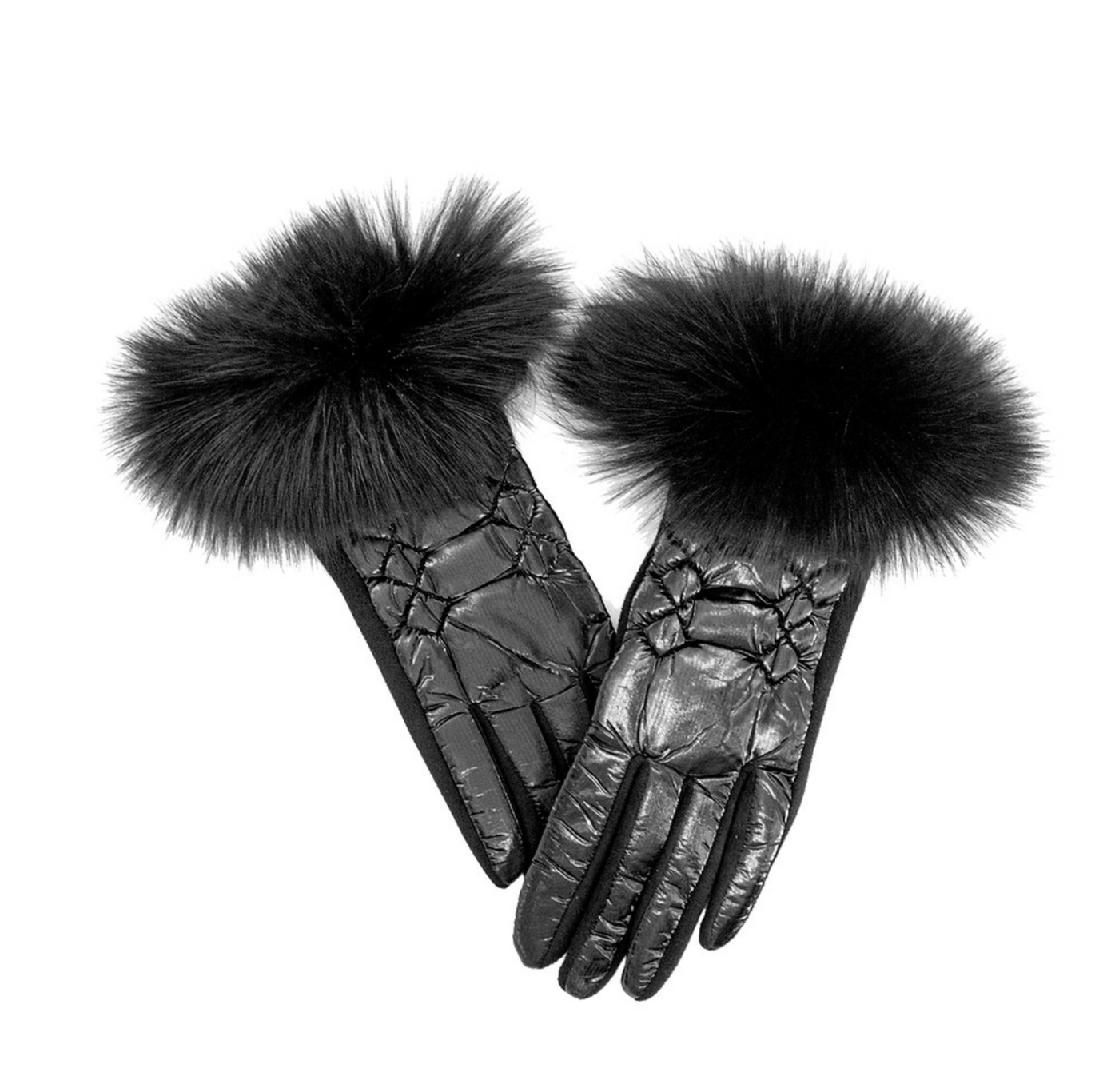 Icy Fur Trim Puffer Glove, Black