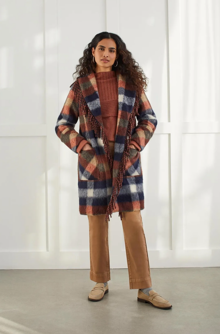 Fallon Fringe Trim Plaid Coat, Sapphire