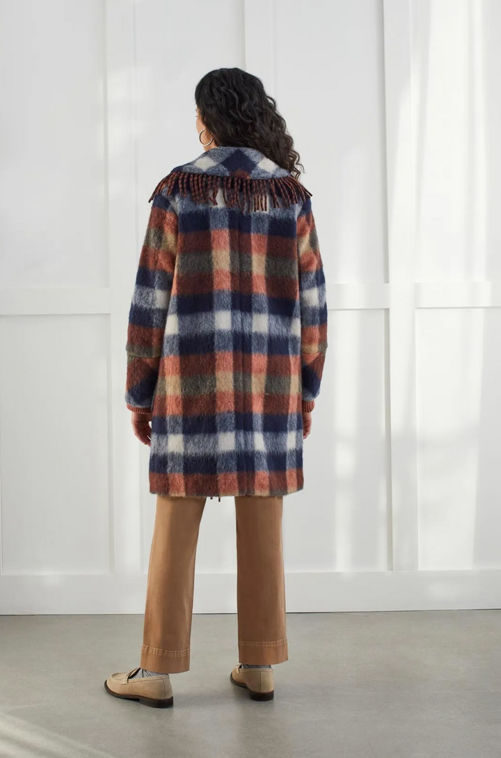 Fallon Fringe Trim Plaid Coat, Sapphire