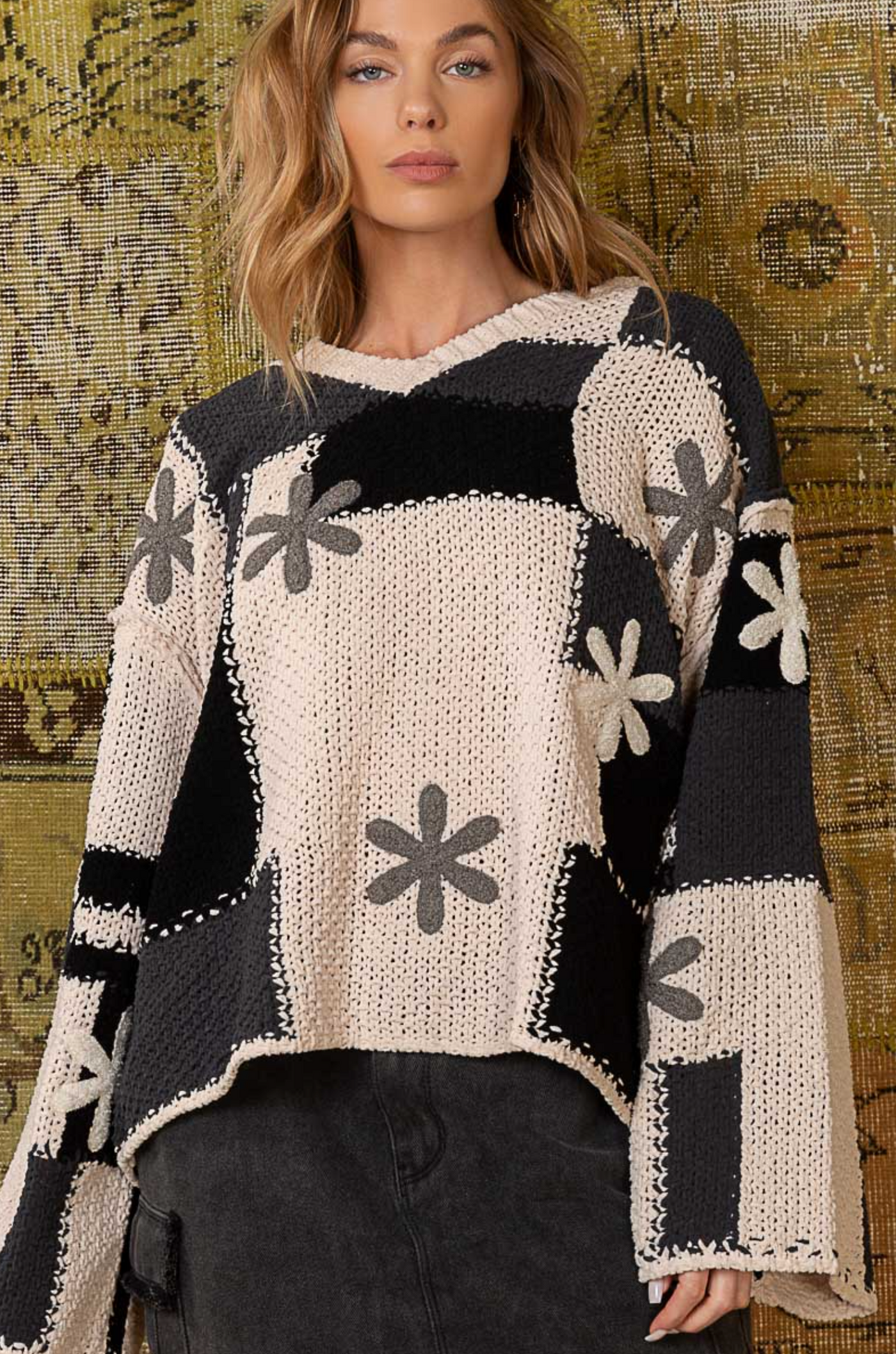 Delia Floral Knit Pullover, Almond