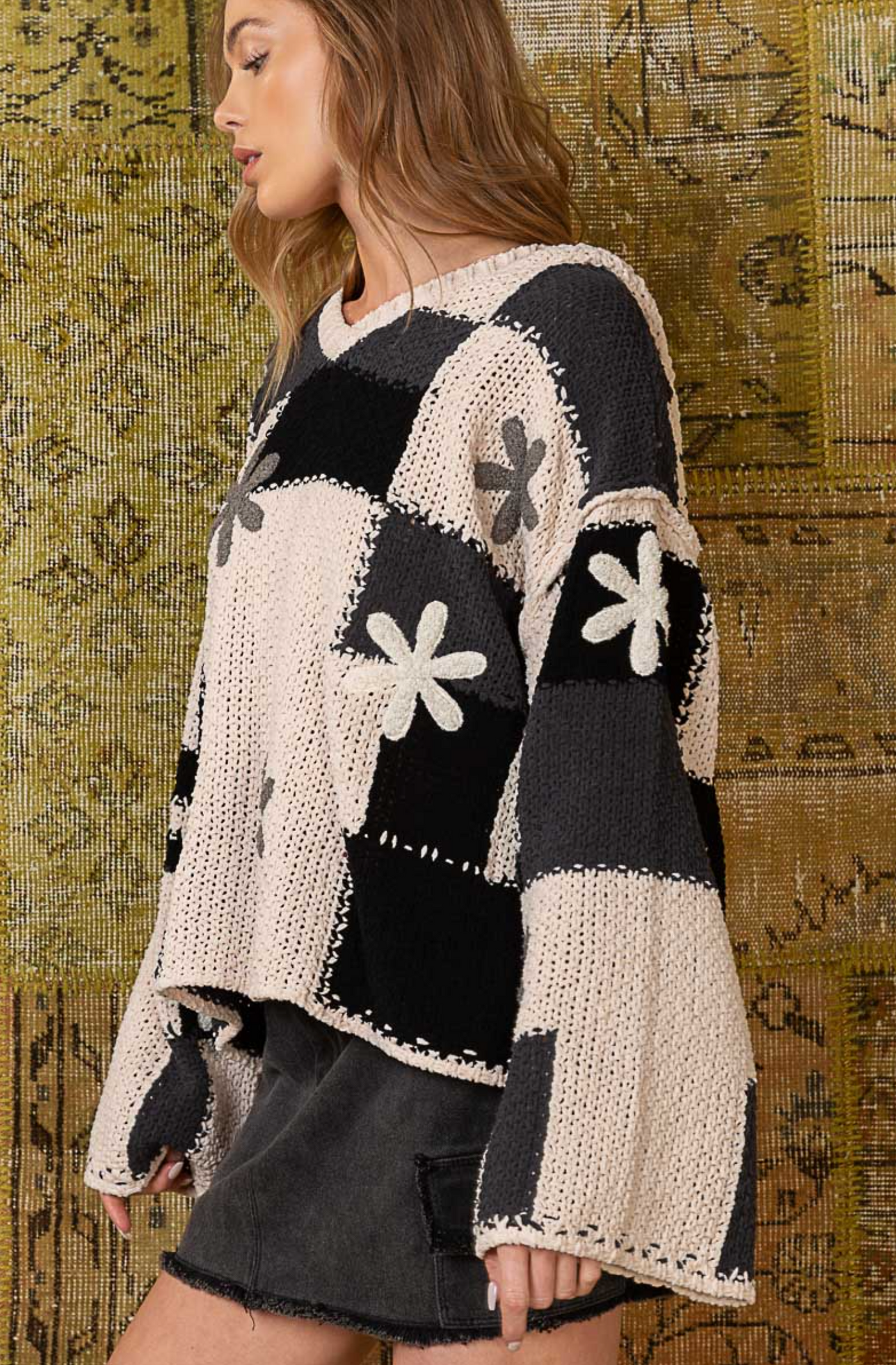 Delia Floral Knit Pullover, Almond