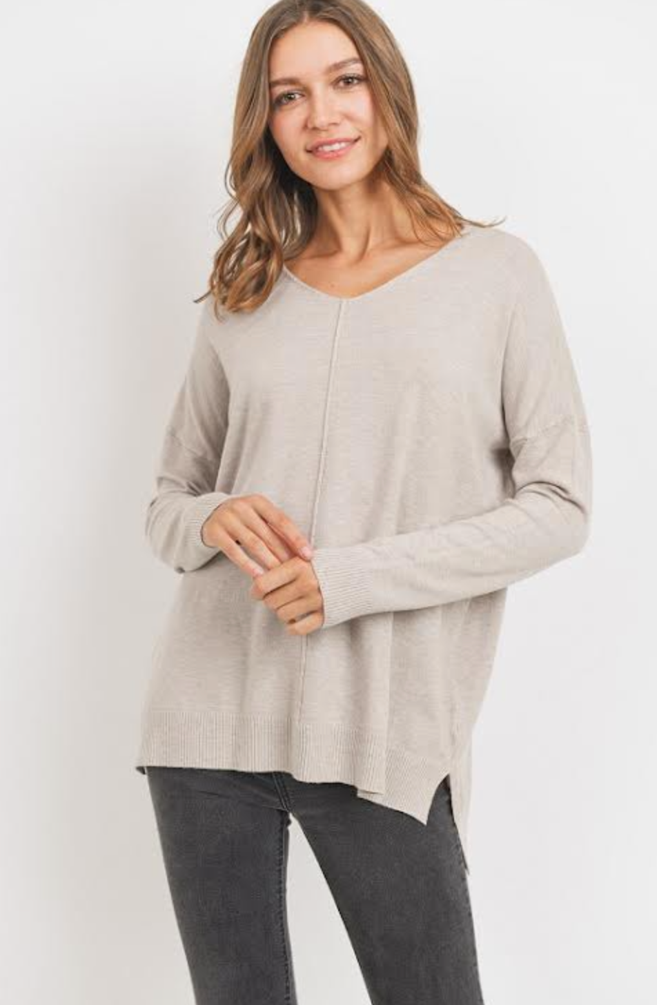 Lexie V-Neck Sweater, Warm Grey