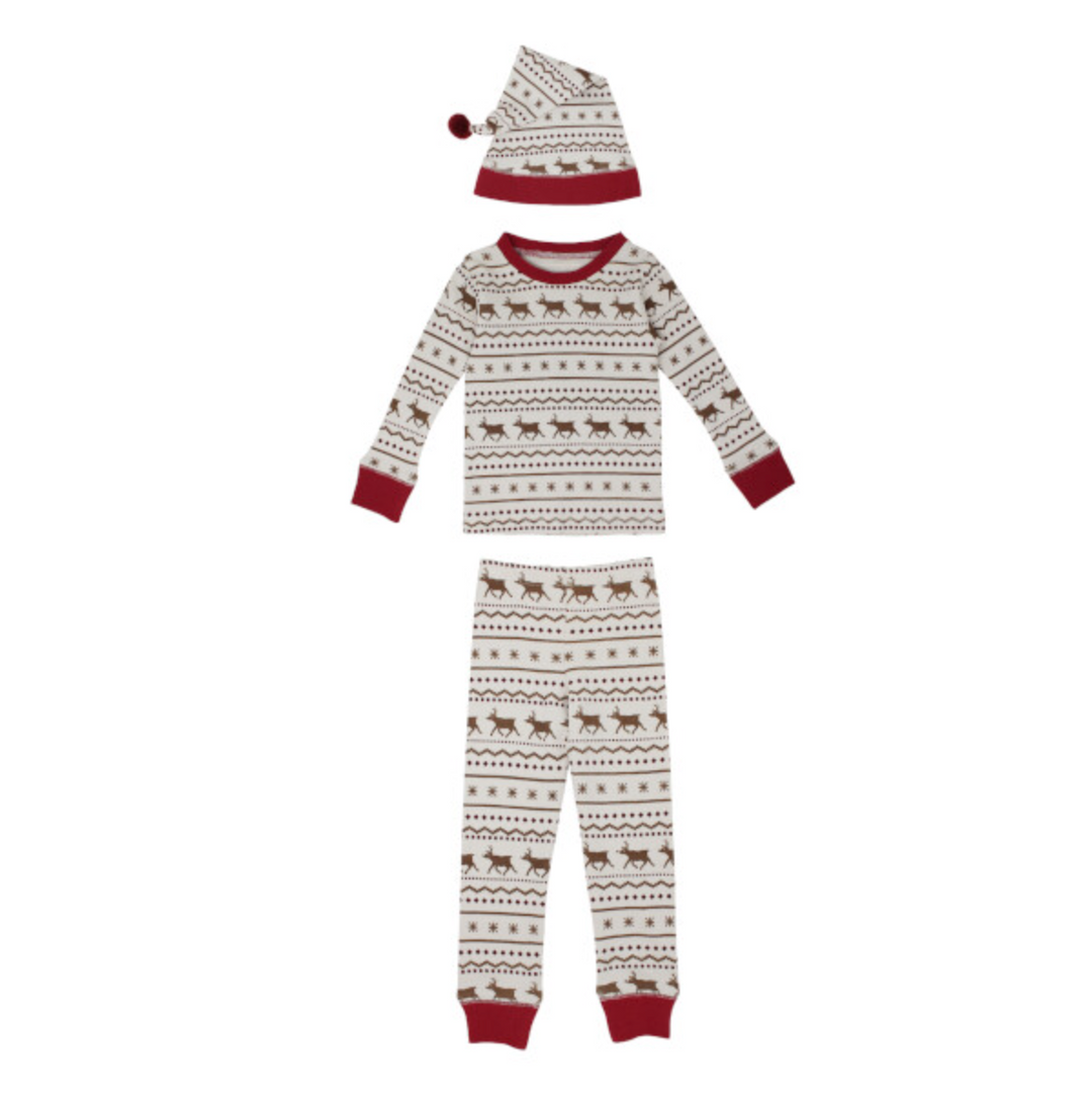 Kids' Holiday PJ & Cap Set, Fair Isle Rudolph