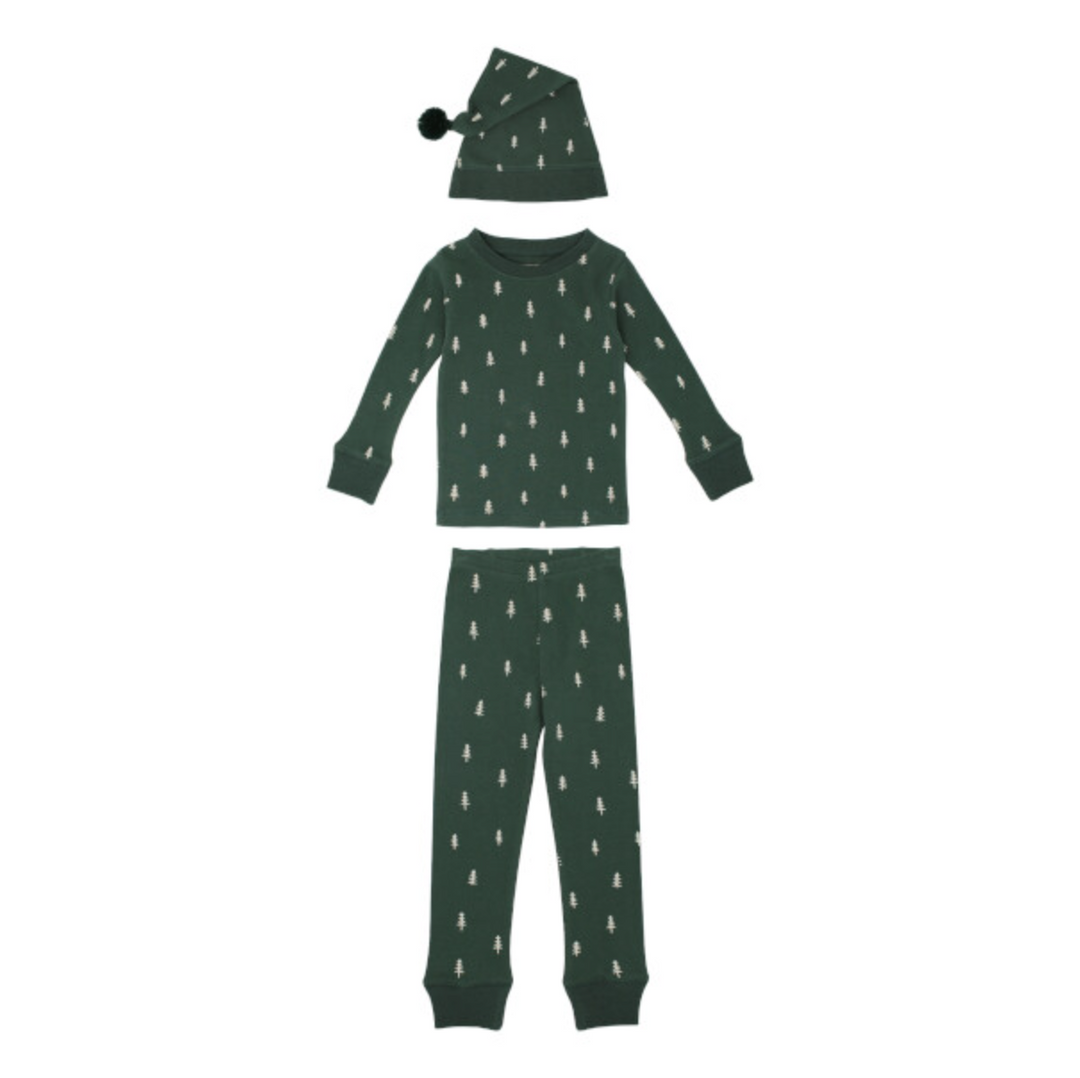 Kids' Holiday PJ & Cap Set, Pine Tree