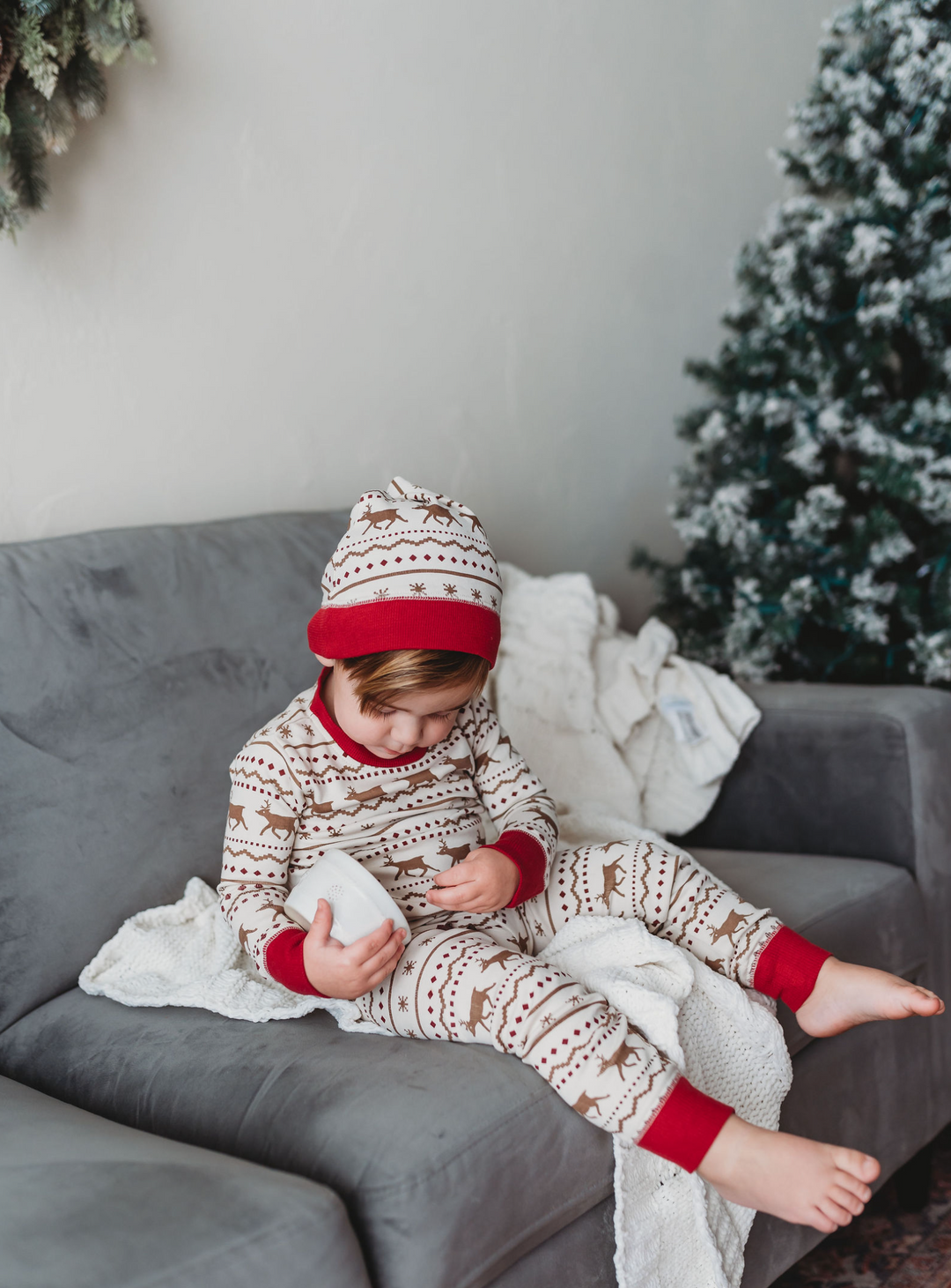 Kids' Holiday PJ & Cap Set, Fair Isle Rudolph