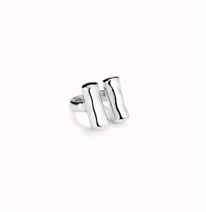 Sterling silver-plated ring with two vertical tubes