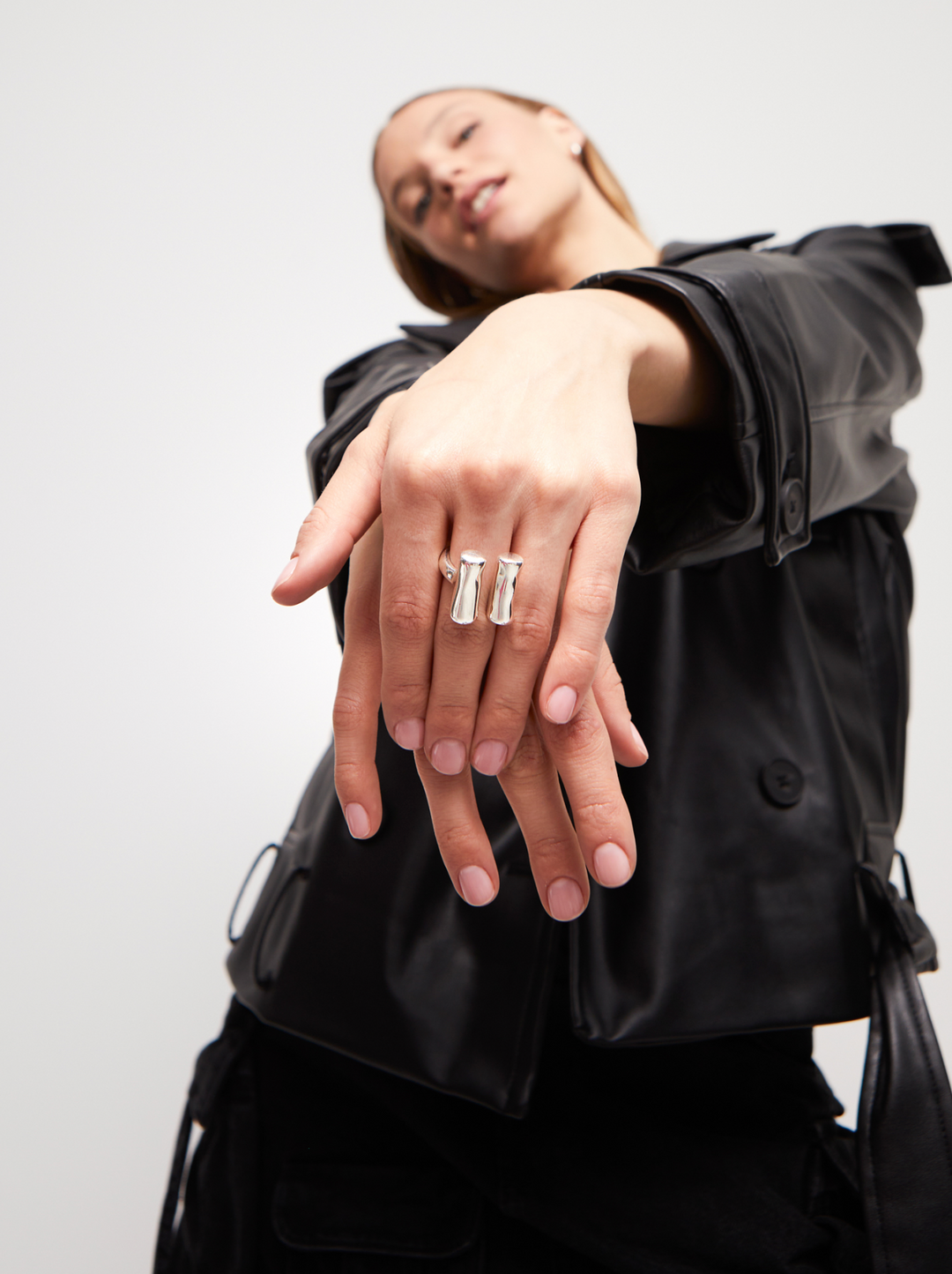 Sterling silver-plated ring with two vertical tubes