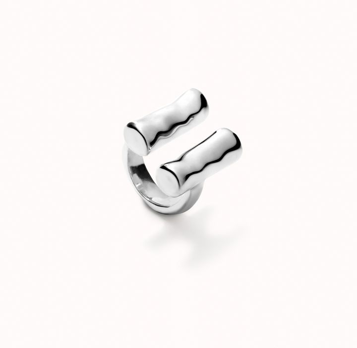 Sterling silver-plated ring with two vertical tubes