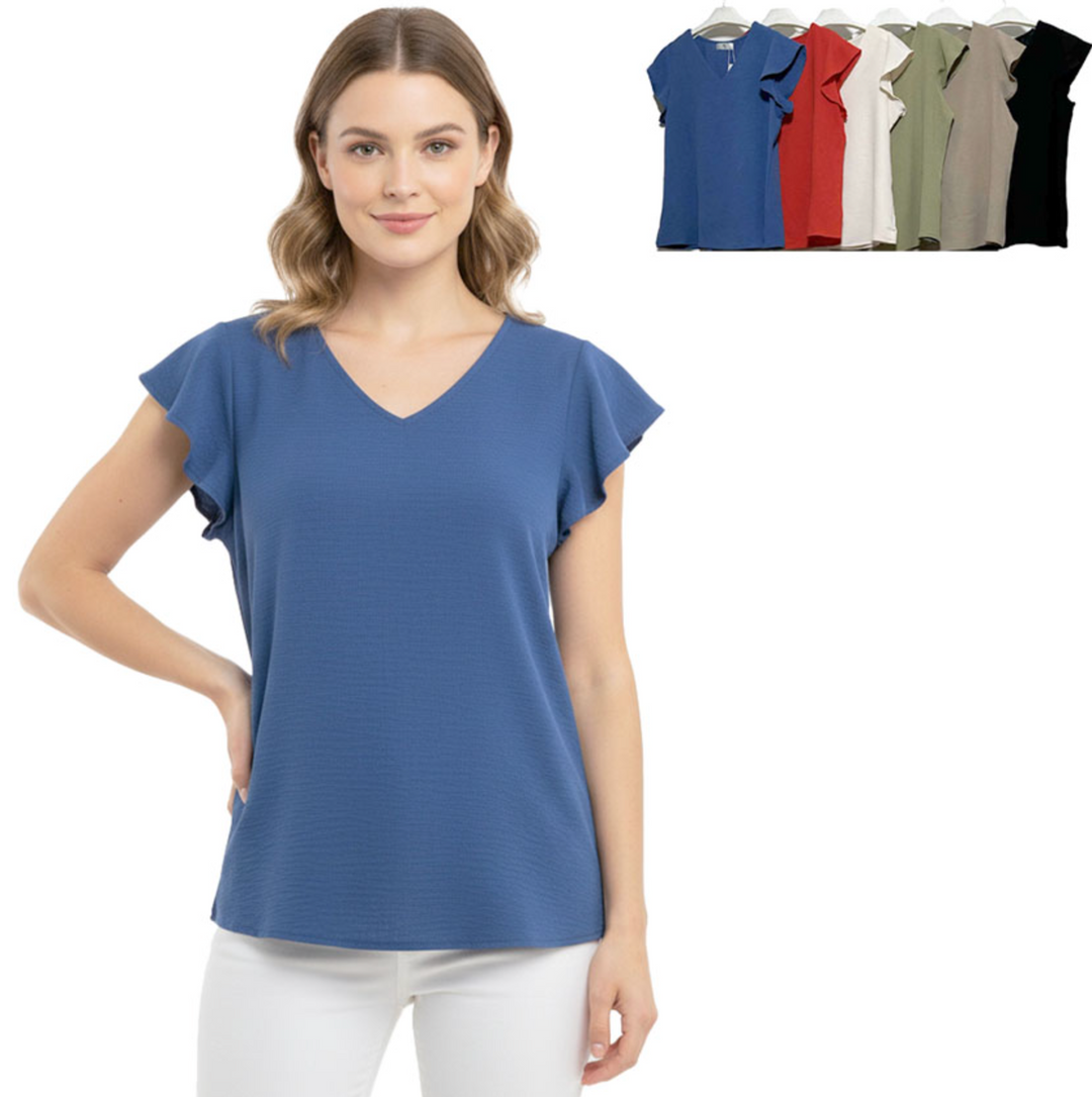 Woman wearing a blue ruffled sleeve top with color options displayed above.