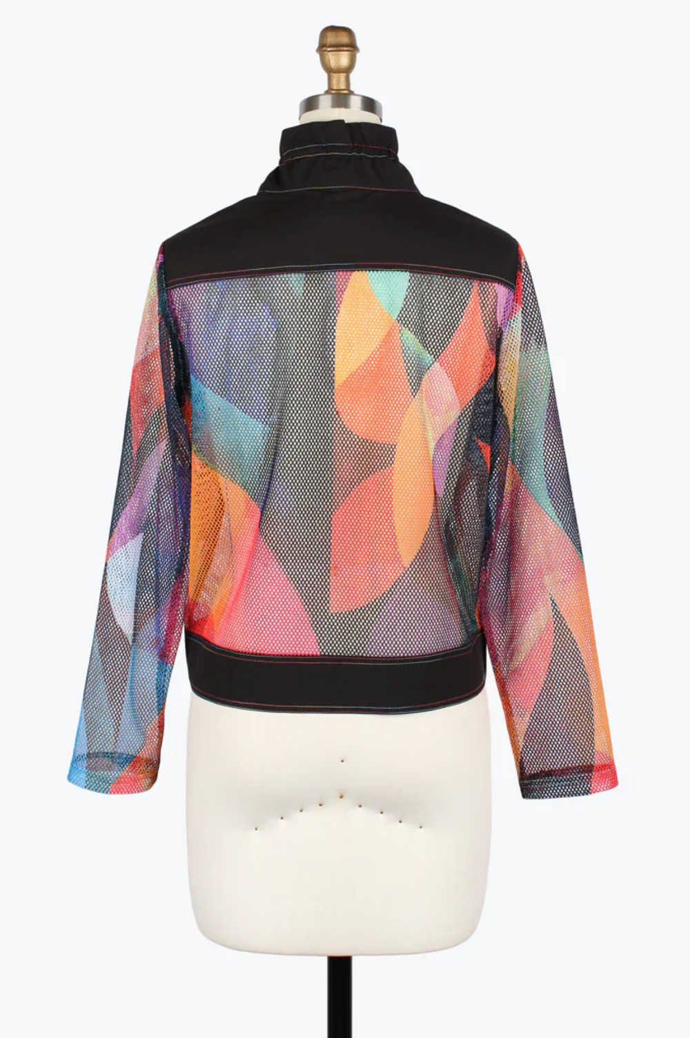Colorful mesh jacket on a mannequin with a white background