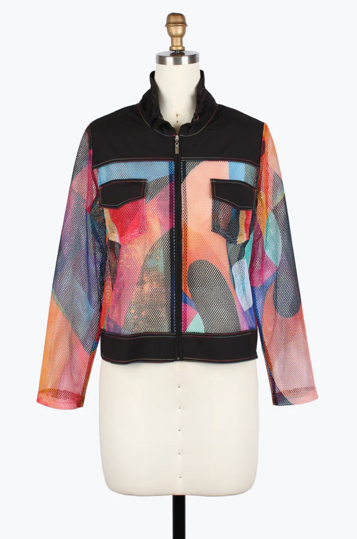 Multicolored jacket with black accents on a mannequin against a white background