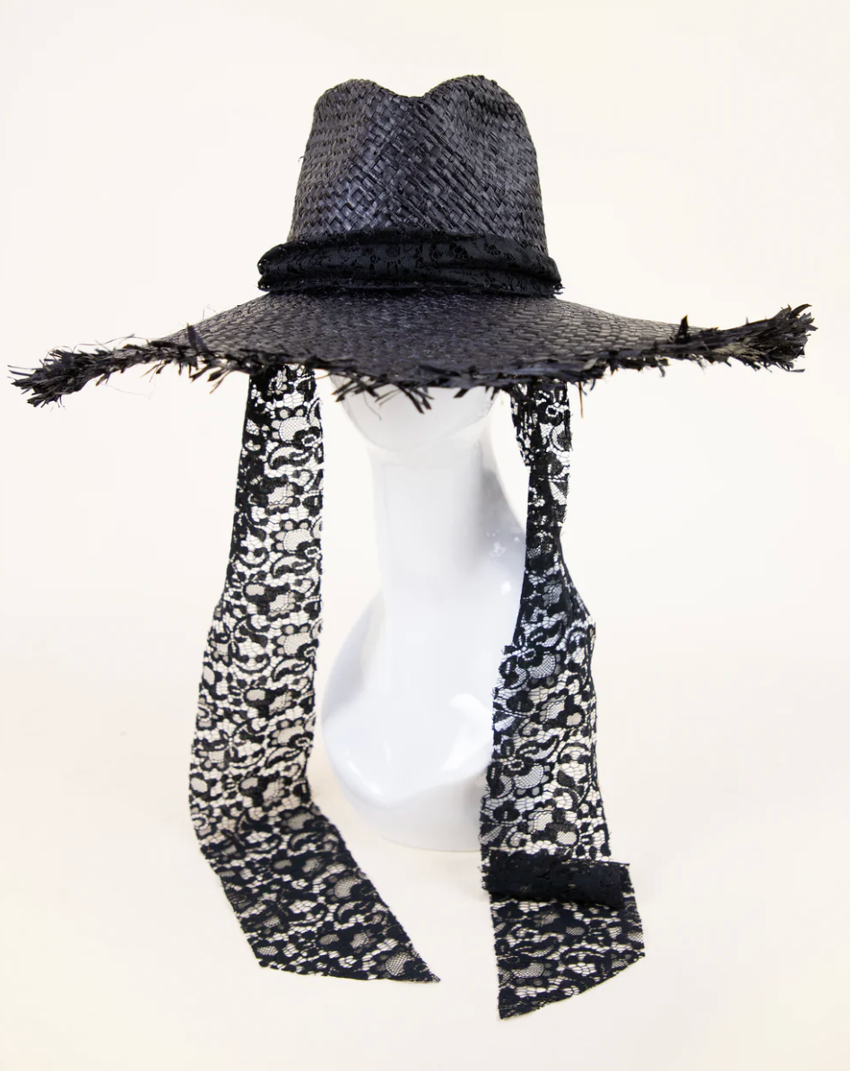 Mannequin head wearing a black straw hat and black and white patterned scarf on a white background