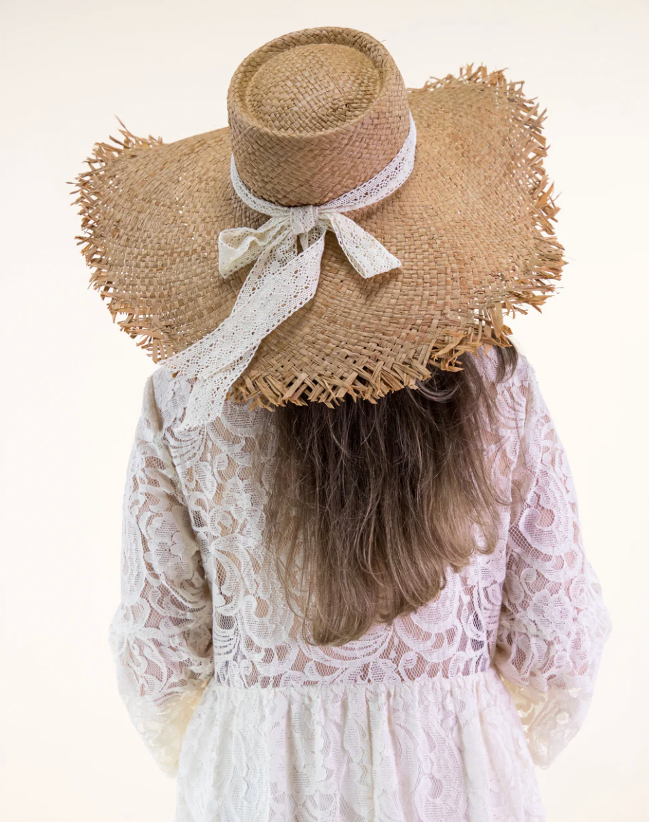 Person wearing a large straw hat with a white ribbon on a plain background