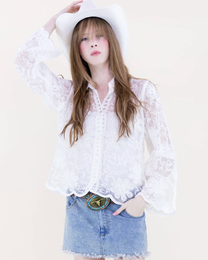 Person wearing a white lace blouse and denim skirt with a white cowboy hat on a light background