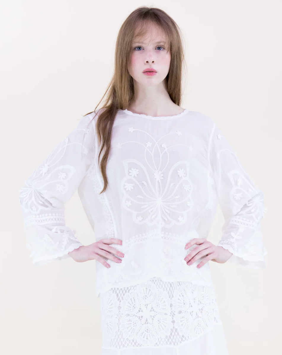 Person wearing a white lace dress against a plain background