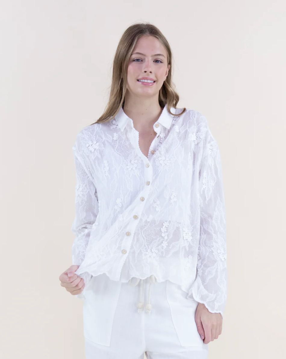 Woman wearing a white lace blouse against a plain background