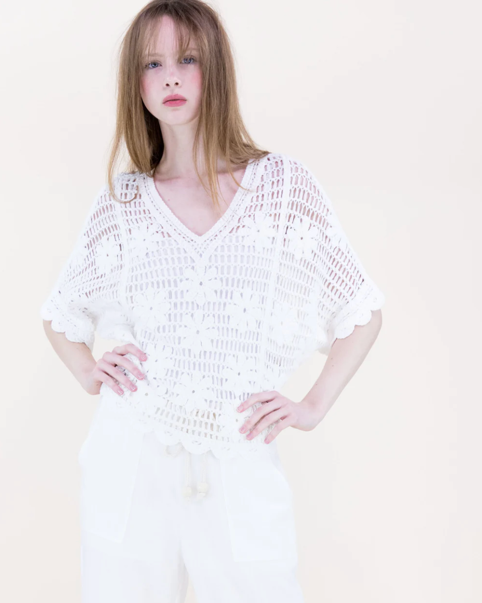 Woman wearing a white crochet top against a plain background