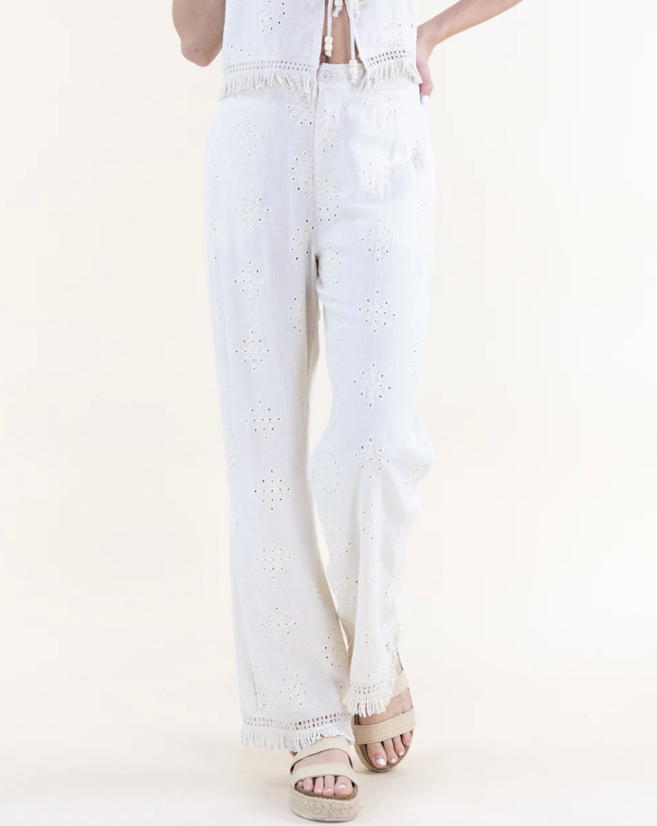 White wide-leg pants worn by a person on a white background