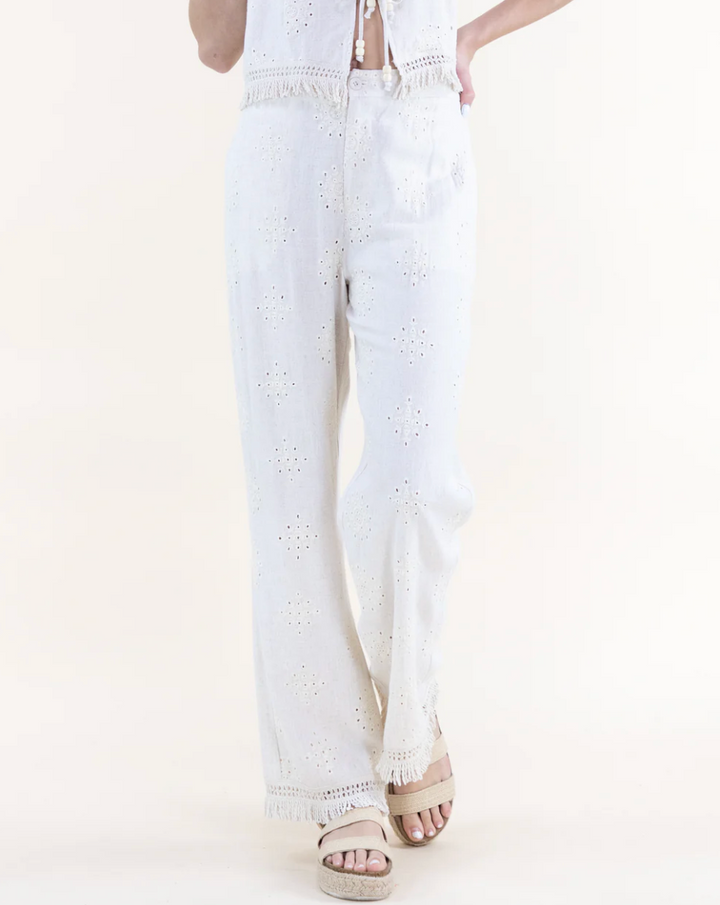 White wide-leg pants worn by a person on a white background