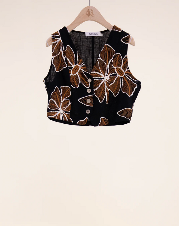 Black vest with brown floral patterns on a beige background