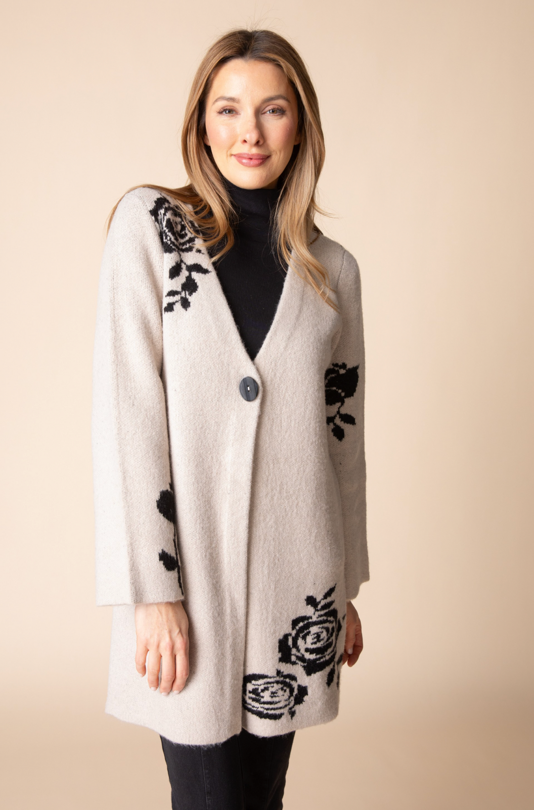 Winter Bloom Cardigan in Dove, front view